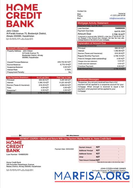 Printable Kazakhstan Home Credit Bank Kazakhstan mortgage statement Word and PDF template